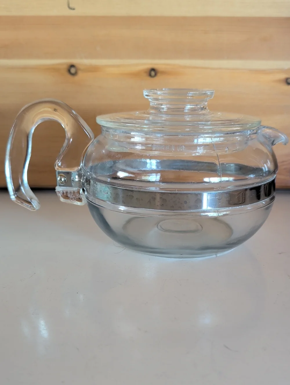 VTG. Pyrex Flameware Clear Glass Teapot with Silver Accent Lid. Made In USA
